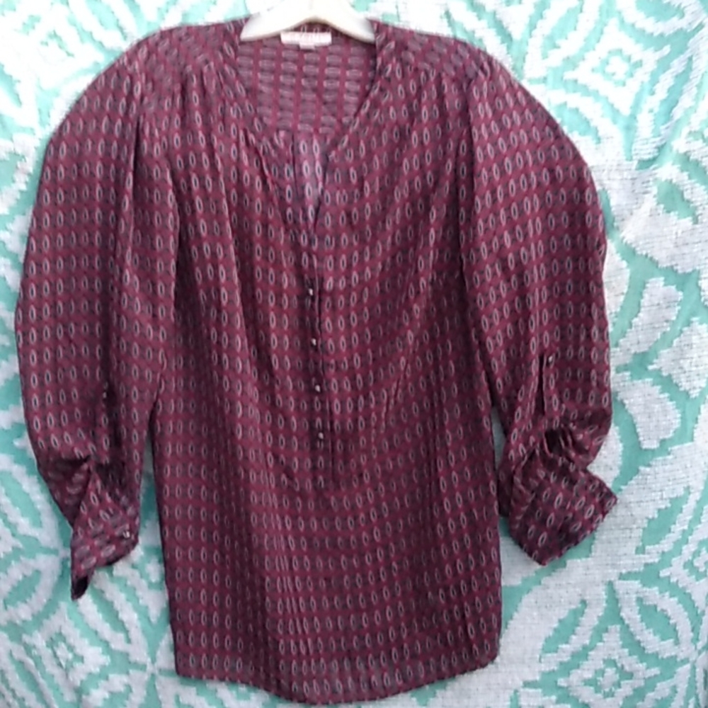 Roz & Ali Size 1X Semi Sheer Rich Print Button Up Blouse